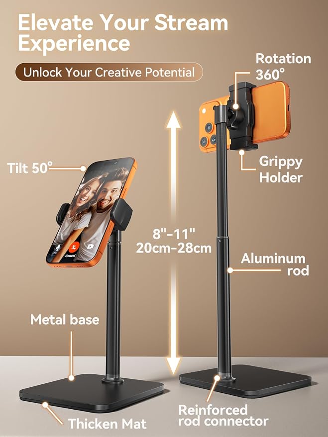 tounee Phone Stand for Desk, 8-11" Height Adjustable Cell Phone Holder for Live - Image 3