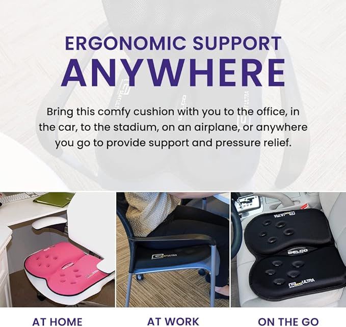 GSeat Ultra Orthopedic Gel and Foam Seat Cushion (Black) – for Coccyx, Back, Tailbone, Prostate, Postnatal, and Sciatica Pain/Discomfort – Office, Car, Chair, Travel-DeskLoop Office