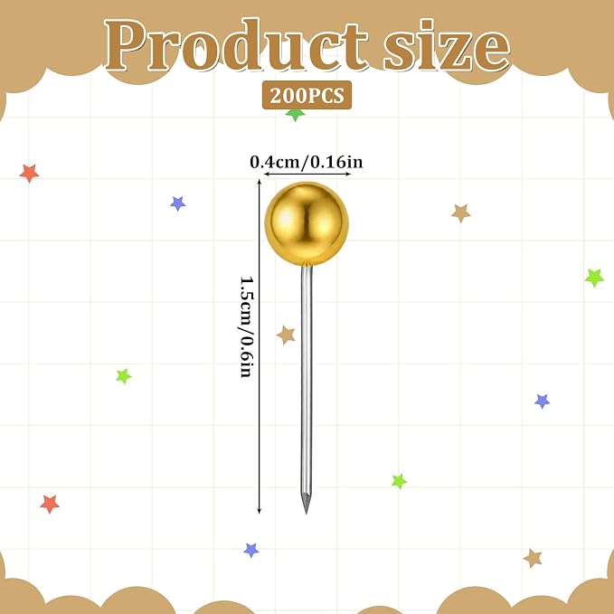 200 PCS Gold Push Pins for Cork Board, 1/8-Inch Retro Round Head Map Pins for - Image 2