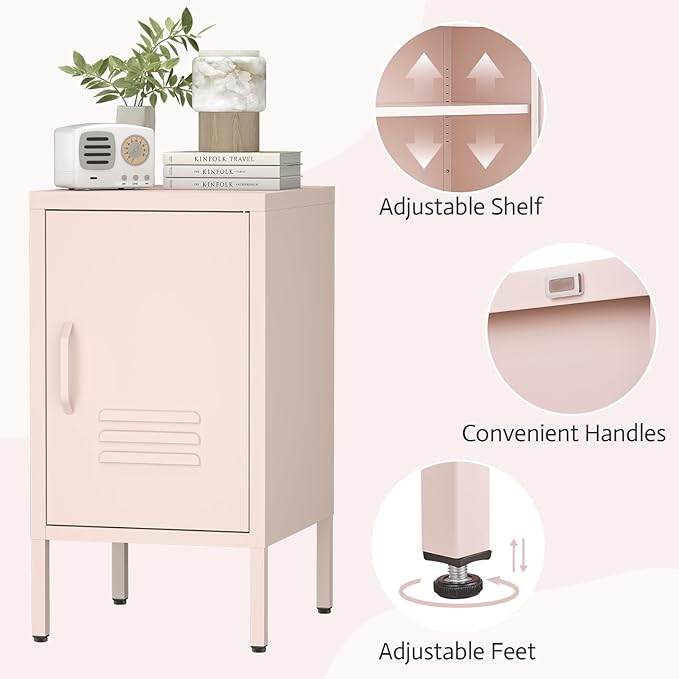 Metal Cabinet,Locker Nightstand with Shelf,Metal Storage Locker,Steel Bedside Storage Cabinets for Living Room Bedroom,Pink-DeskLoop Office