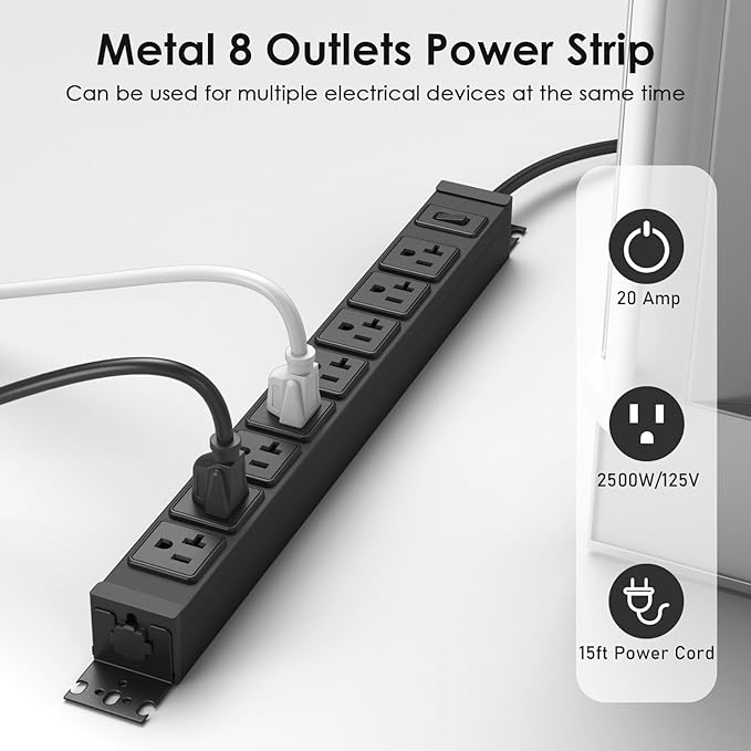 JUNNUJ Heavy Duty Power Strip Wall Mount, 20 Amp Surge Protector 1200J Metal 8 Outlet Under Desk Mounted 20A, Garage Power Table Socket Industrial Outlets 6-20R T-Slot, Black-15FT 12AWG Extension Cord-DeskLoop Office