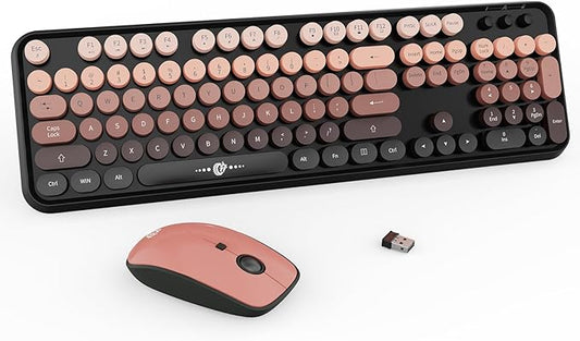 FD Wireless Keyboard and Mouse Combo - 2.4G Full-Sized Cute Colorful Mouse and Keyboard with 104 Round Keys Retro Typewriter Keyboard for Laptop/Windows/PC - Black Gradient-DeskLoop Office