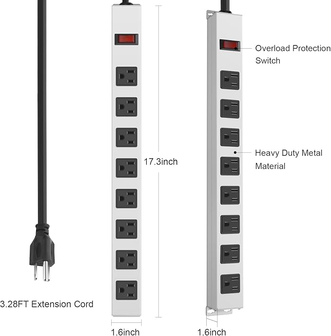 JUNNUJ Metal 8 Outlet Power Strip, Mountable Heavy Duty Power Strip, 1200J Surge Protector Wall Mount Screws Outlet with Switch, Gaming Desk Strips Wide Spaced 15A 125V 1875W, 3 FT 14AWG Power Cord-DeskLoop Office