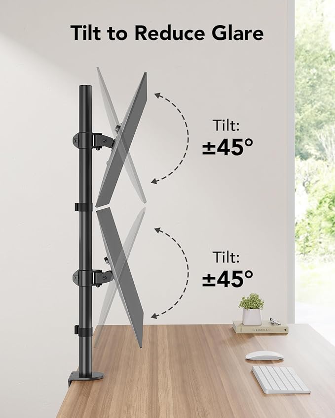 HUANUO Vertical Dual Monitor Mount, Stacked Monitor Stand for 2 Monitors with Height Adjustment Computer Monitor Arm Supports Two 17 to 32 Inch with C Clamp Each Desk Mount Hold up to 17.6lbs-DeskLoop Office