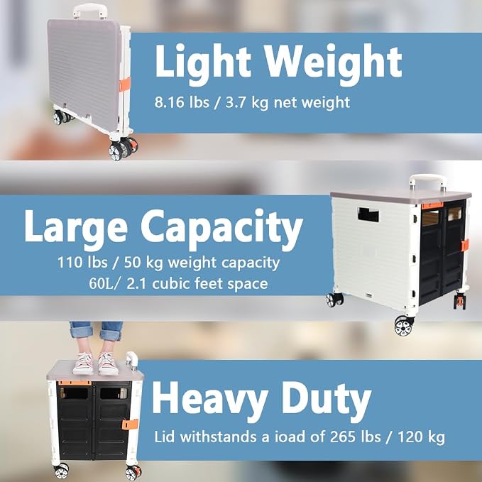 FELICON SELORSS Foldable Utility Cart Folding Portable Rolling Crate-White | - Image 3