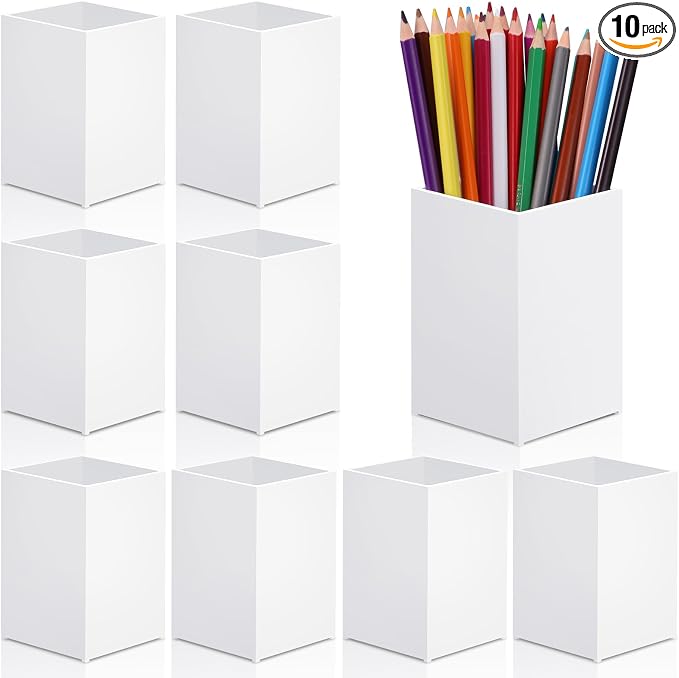 10Pack White Acrylic Pen Holder, Desktop Pencil Organizer Makeup Brush Holder by AFOROEOA
