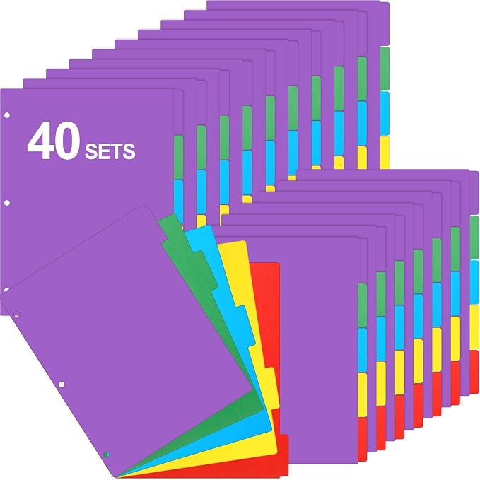 Thenshop 40 Sets/200 Pack Binder Dividers, Letter Size 9 X11.5 Inch 5 Tab by Thenshop