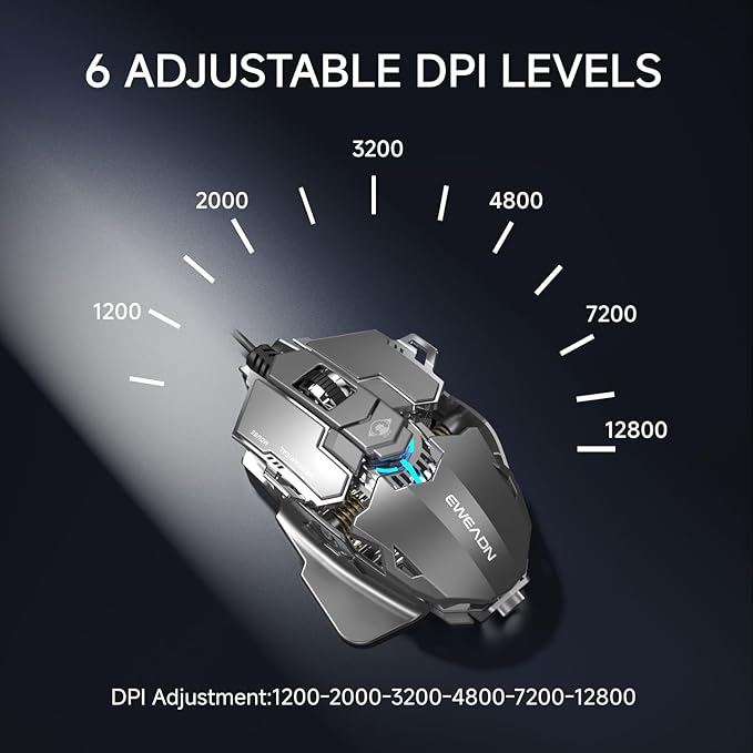 EWEADN G5 Wired Gaming Mouse, Ergonomic RGB Computer Mouse, 12800 Adjustable DPI, 9 Programmable Macro Buttons with Rapid Fire Key Compatible for PC/Laptop/Windows-Grey&White-DeskLoop Office
