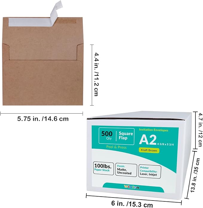 500 Pcs A2 Invitation Envelopes in Kraft Brown Peel & Press Self Seal 4 3/8 x 5 - Image 4
