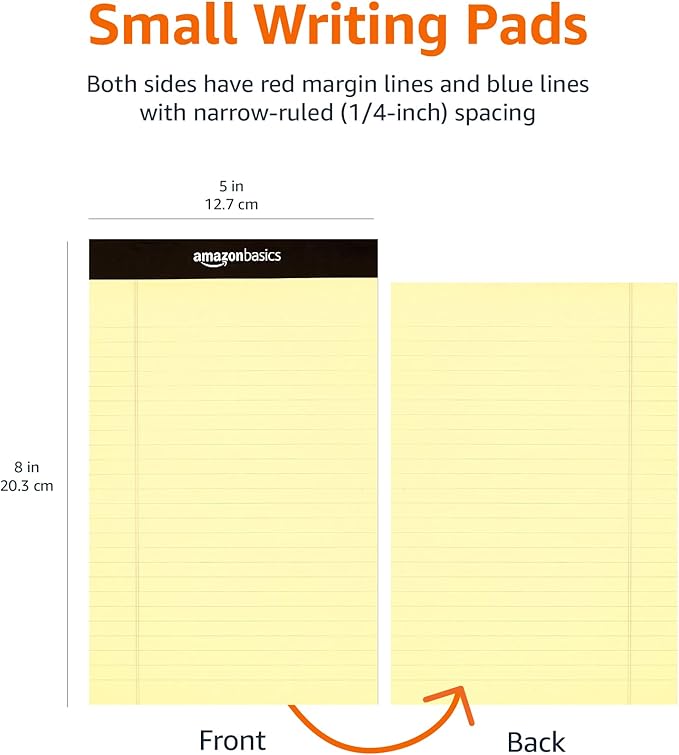 Amazon Basics 50 sheet Narrow Ruled Lined Writing Note Pad, 5 inch x 8 inch, 12 Pack, Canary-DeskLoop Office