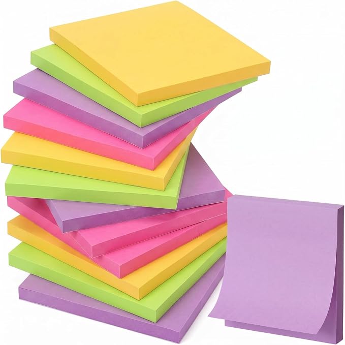 Thenshop 12 Pads Neon Fluorescent Pastel Sticky Notes 3''x3'', Self Stick Notes by Thenshop