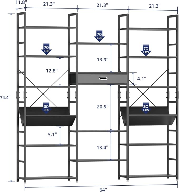 NUMENN Triple Wide 6 Tier Bookshelf, Adjustable Rustic Industrial Style Book - Image 3