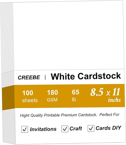 100 Sheets White Cardstock 8.5 x 11, Creebe 65lb White Card Stock Printer Paper by Unknown