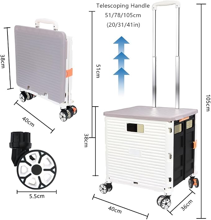FELICON SELORSS Foldable Utility Cart Folding Portable Rolling Crate-White | - Image 7