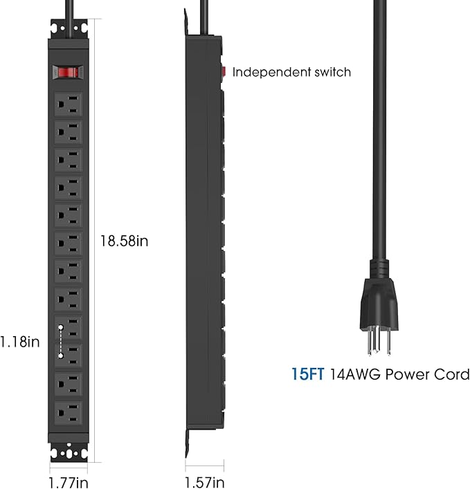 HHSOET Rotating Mountable Power Strip, 12 Outlet Wall Mount Surge Protector, Metal Heavy Duty and Versatile Outlet Strip, Stylish Appearance, Sturdy and Durable, 15ft Power Cord.(Black)-DeskLoop Office