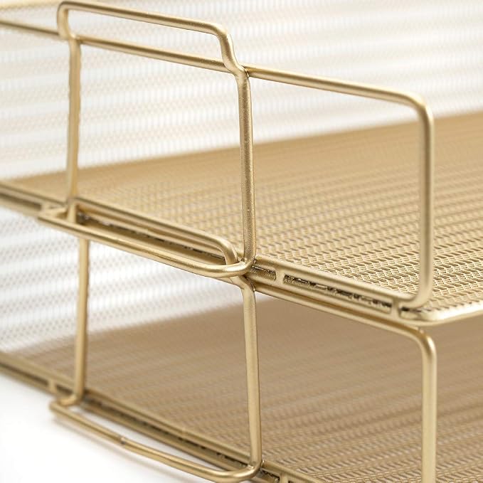 BLU MONACO | Paper Tray Stackable Gold Mesh Set of 2 | Stackable File Trays - Image 5