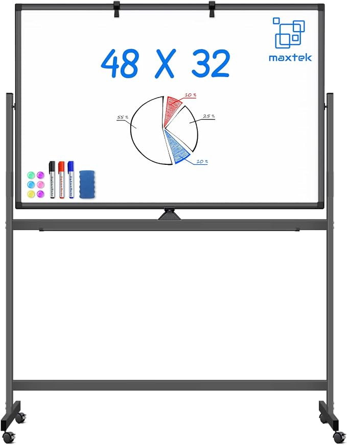 Rolling Dry Erase Board 48 x 32, maxtek Double-Sided Mobile White Board by Maxtek