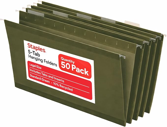 Staples Hanging File Folders, Legal Size, 1/5‑Cut Tabs, Standard Green by Staples