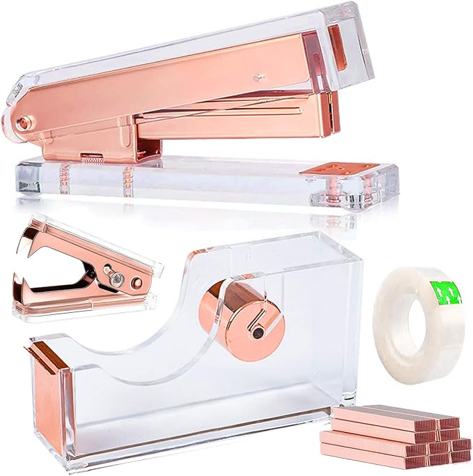 Acrylic Rose Gold Tape Dispenser Desktop Stapler, Acrylic Office Supplies by VOSTOR