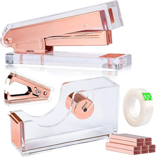Acrylic Rose Gold Tape Dispenser Desktop Stapler, Acrylic Office Supplies by VOSTOR