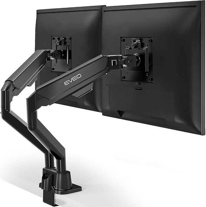 EVEO Premium Dual Monitor Mount 14"-32” Dual Monitor Arm VESA Bracket Adjustable Height Gas Spring Dual Monitor Stand, Screen Full Motion Dual Monitor Arm-Computer Monitor Stand for 2 Screens - Black-DeskLoop Office