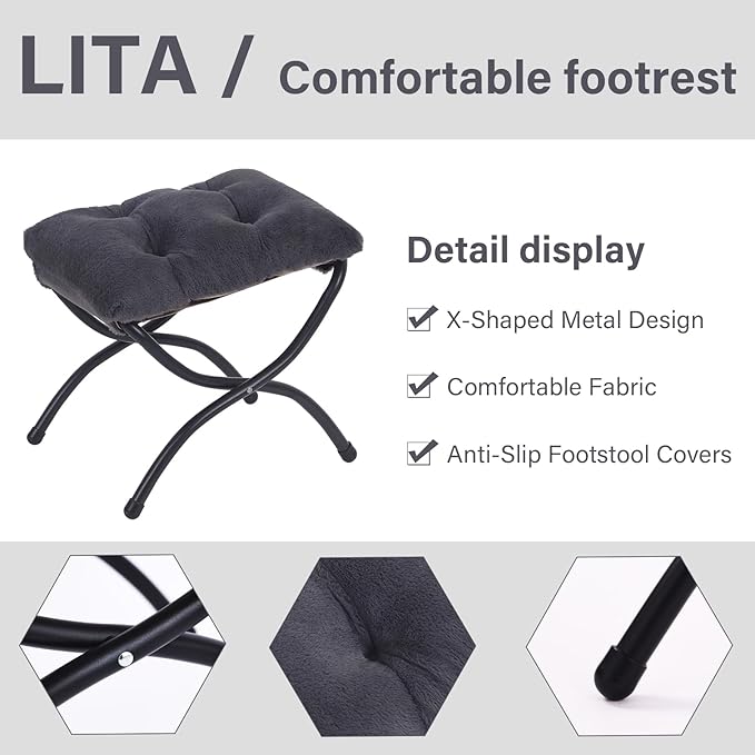 LITA Folding Upholstered Footrest Stool, Modern Small Portable Accent Ottoman with Detachable Thick Cotton Cushion Padded Sofa Stool with Metal Frame for Lazy Chair, Living Room & Bedroom-DeskLoop Office