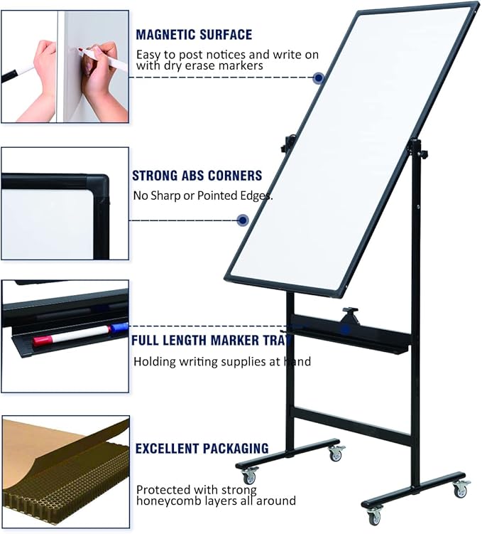 48" x 24" Magnetic Mobile Whiteboard - 360° Reversible Double-Sided Dry Erase Board with Wheels, Portable Standing Whiteboard Easel for Office & Classroom - Includes 6 Markers + 1 Eraser-DeskLoop Office