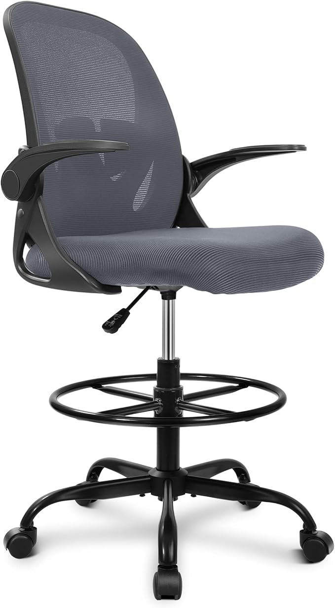 Primy Drafting Chair Tall Office Chair with Flip-up Armrests Executive Ergonomic Computer Standing Desk Chair with Lumbar Support and Adjustable Footrest Ring（Dark Gray）-DeskLoop Office