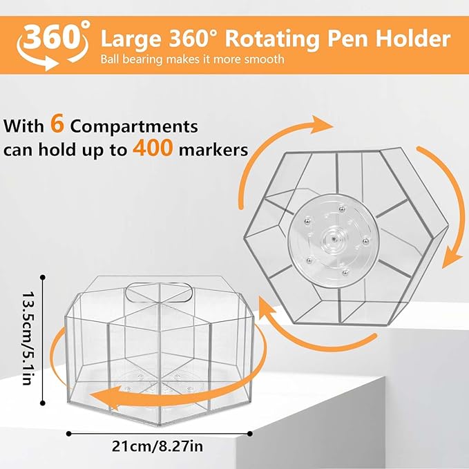 Pen Holder for Desk Acrylic, Large 6 Slots 360-Degree Rotating Marker Organizer Pencil Holder, Caddy Art Supply Organizer Crayon Organizers for Office School-DeskLoop Office