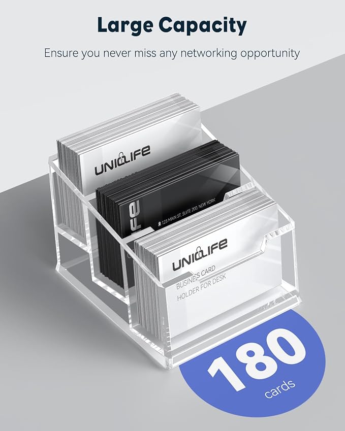 Uniclife Acrylic Business Card Holder for Desk 3 Slots Clear Business Card Display Stand for Men & Women Desktop Business Card Organizer Card Stand for Office Home Exhibition, 180 Card Capacity-DeskLoop Office