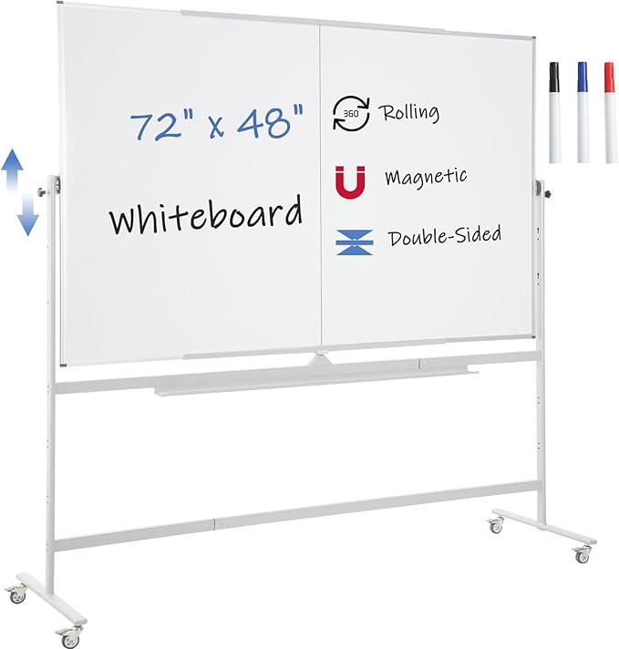FORTUNO Large Magnetic Mobile Whiteboard 72"x48", Rolling Double Sided Stand Whiteboard on Wheels, Reversible Adjustable Height/Angle Dry Erase Board 6' x 4' Easel White Board for Office Classroom-DeskLoop Office