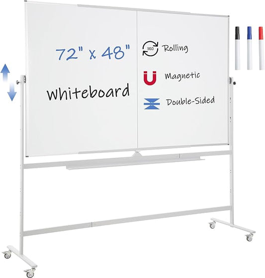 FORTUNO Large Magnetic Mobile Whiteboard 72"x48", Rolling Double Sided Stand Whiteboard on Wheels, Reversible Adjustable Height/Angle Dry Erase Board 6' x 4' Easel White Board for Office Classroom-DeskLoop Office