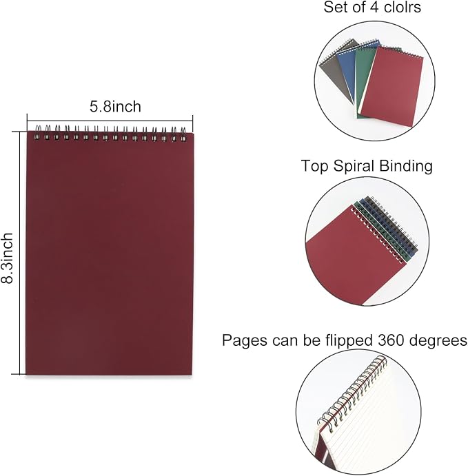 4 Pcs Top Bound Spiral Notebook, 8.3 inch x 5.8 inch, 60 Sheet, 7mm College - Image 2