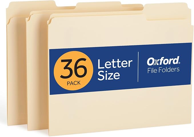 Oxford File Folders, 36 Pack, Letter Size, 3 Tabs, Durable Manila Paper by Oxford