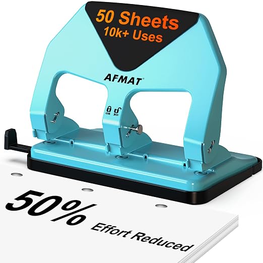 AFMAT 3 Hole Punch Heavy Duty, 50-Sheet Three Hole Punch, 50% Reduced Effort by AFMAT