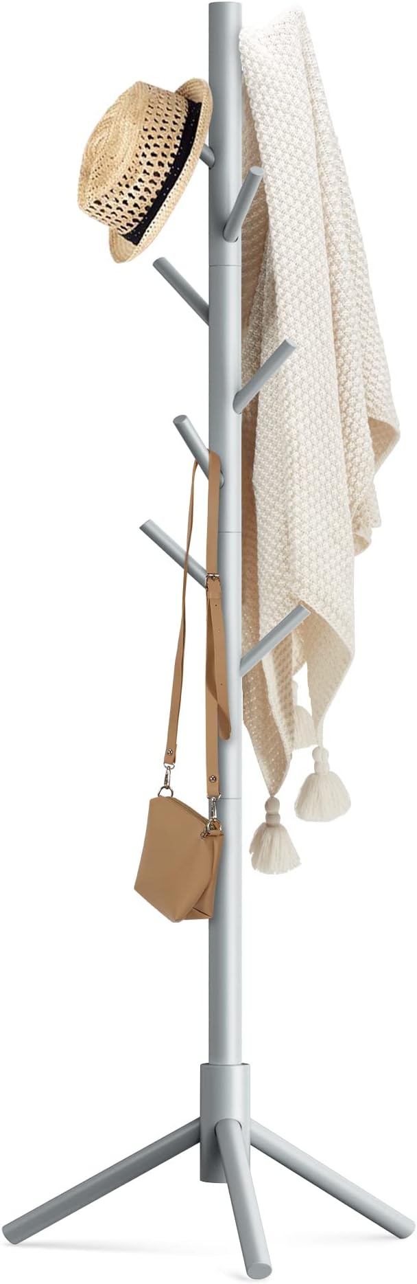 Haddockway Wooden Coat Rack Stand with 8 Hooks New Zealand Pine 3 Adjustable Coat Standing Tree Easy Assembly for Coats, Hats, Scarves and Handbags for Entryway, Hallway, Bedroom, Office-DeskLoop Office
