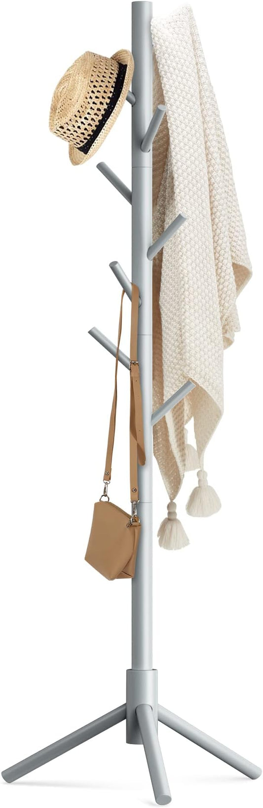 Haddockway Wooden Coat Rack Stand with 8 Hooks New Zealand Pine 3 Adjustable Coat Standing Tree Easy Assembly for Coats, Hats, Scarves and Handbags for Entryway, Hallway, Bedroom, Office-DeskLoop Office