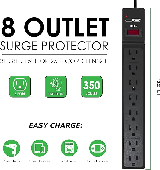 Digital Energy 8 Outlet Surge Protector Power Strip - 15 AMP, 1875 W, 125 V, 350 J Surge Protection, ETL Listed - Flat Plug, Black, 3 FT-DeskLoop Office