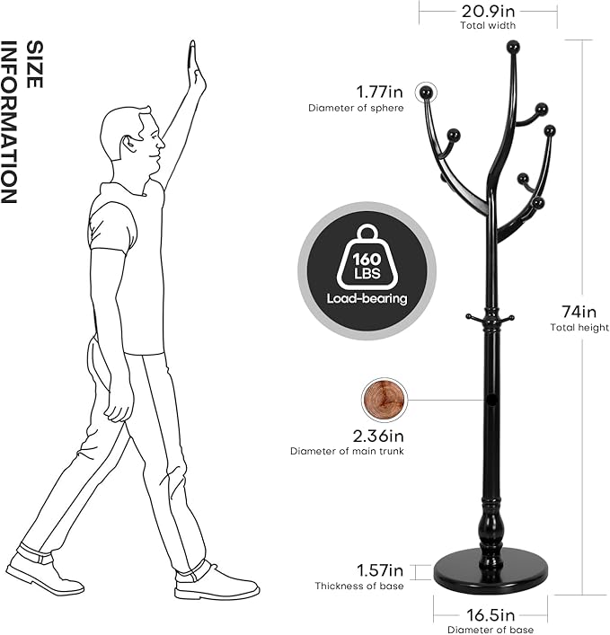 Wood Coat Rack Coat Tree Freestanding with Hooks, Heavy Duty Standing Coat Rack with Solid Round Base, 74” Tree Shaped Coat Hanger Stand for Clothes, Hat, Jacket, Entryway Bedroom, Balck-DeskLoop Office