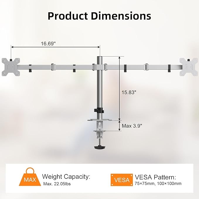 Pholiten Dual Monitor Stand, Heavy Duty Adjustable Monitor Arm Desk Mount for 2 Screens up to 38Inches, Tilt, Swivel, Rotate, Supports Tilt, Swivel, Rotate, Supports 22 lbs per Arm,Silver-DeskLoop Office