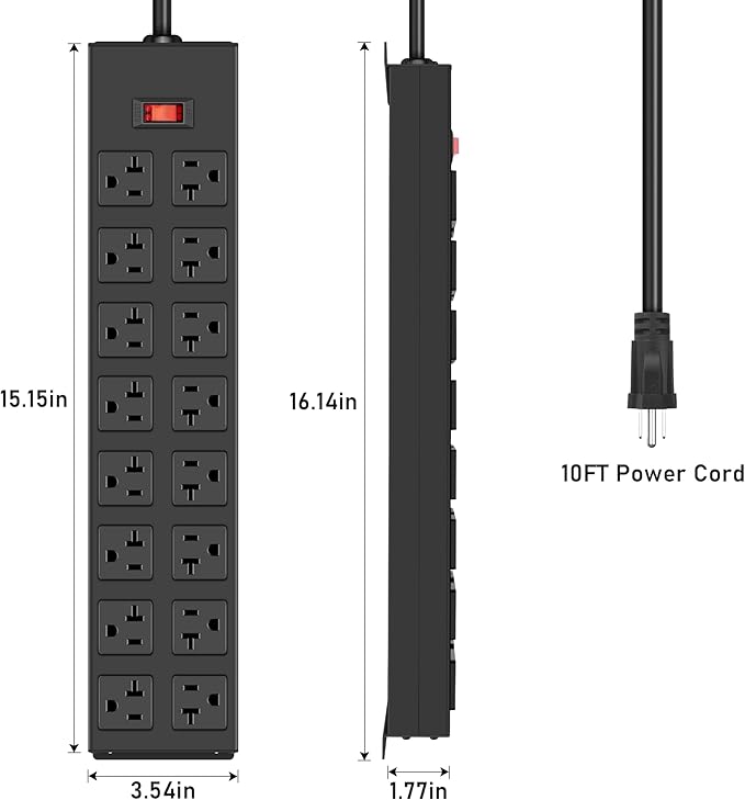 JUNNUJ Heavy Duty 20 Amp Power Strip with Surge Protection 3000J, Garage 16 Outlets Metal 12 Gauge, Desk Strips Wide Spaced, High Amp 5-15P Adapter Shop 6-20R T-Slot Industrial Outlets (16AC, 10FT)-DeskLoop Office