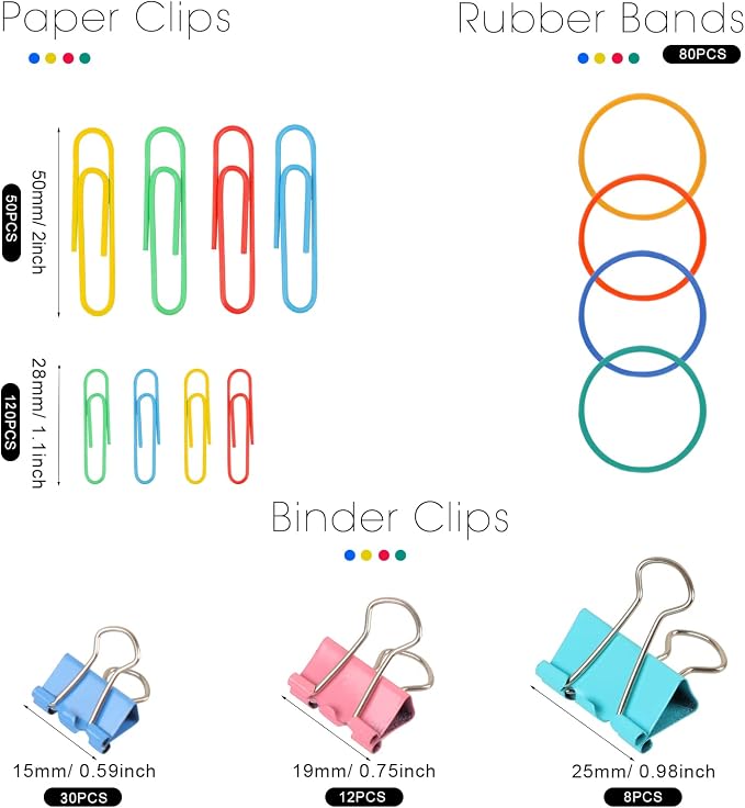 300 Pcs Binder Clips, Rubber Bands, Office Set, Paper Clips, School & Teacher - Image 2