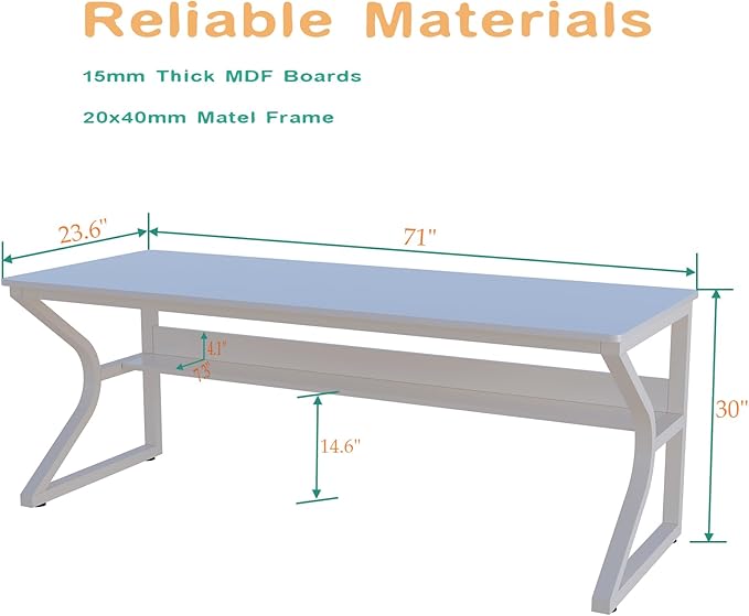 Extra Long Desk with Bookshelf - 71" Double Long Writing Table for 2-Person Workstation, Modern Study Work Computer Desk for Home and Office, Warm White-DeskLoop Office