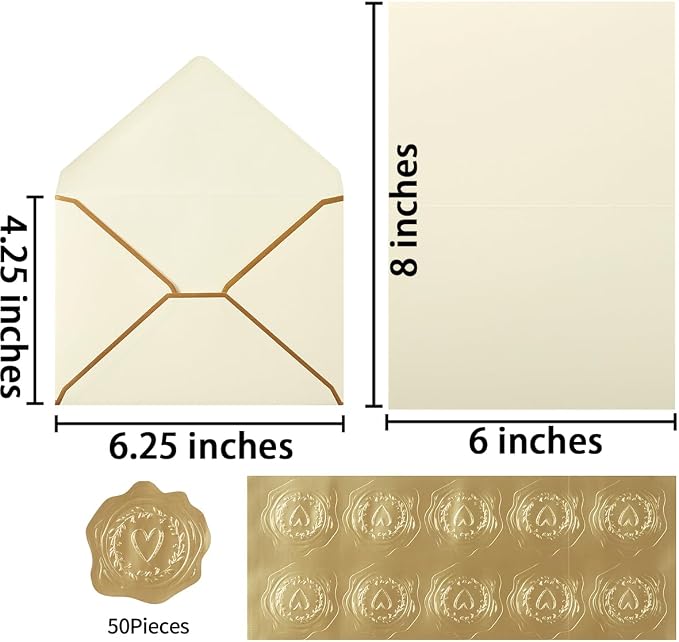 50 Pack A4 Gold Envelopes with Folded Cards, Cream Color, 4x6 | Gold Stickers - Image 2
