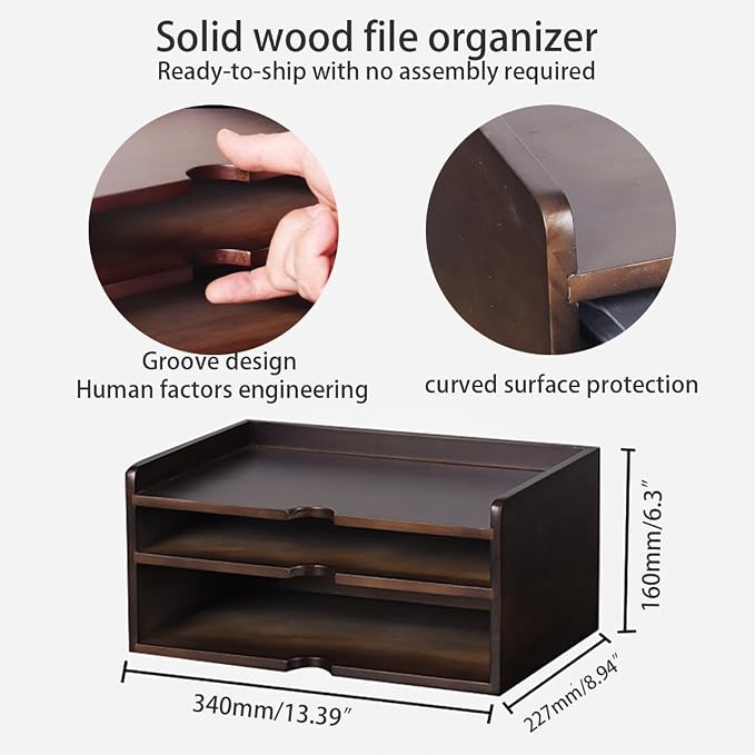 Wooden Desk Organizer with Dark Wood Finish, Stackable Paper Tray & File Holder - Image 3