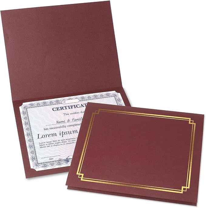 Classic Burgundy & Gold Certificate Folders- Packs 25, Linen Cover 80 lb. Stock by Fine+Stationery