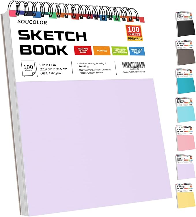 Soucolor 9" x 12" Aesthetic Sketch Book, 1-Pack 100 Sheets School Supplies Cute Sketchbook for Women, Japanese Stationary Sketching Supplies for Kids Teen Girl Gifts Birthday Gifts, Pastel Purple-DeskLoop Office