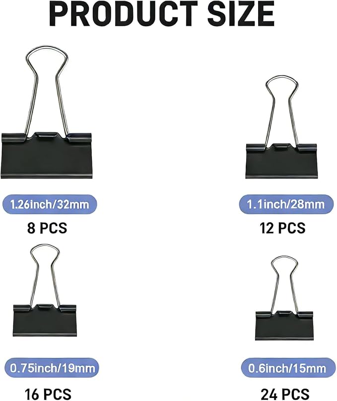 60PCS Black Binder Clips Assorted Sizes, 4 Size Assortment-Includes Large - Image 2