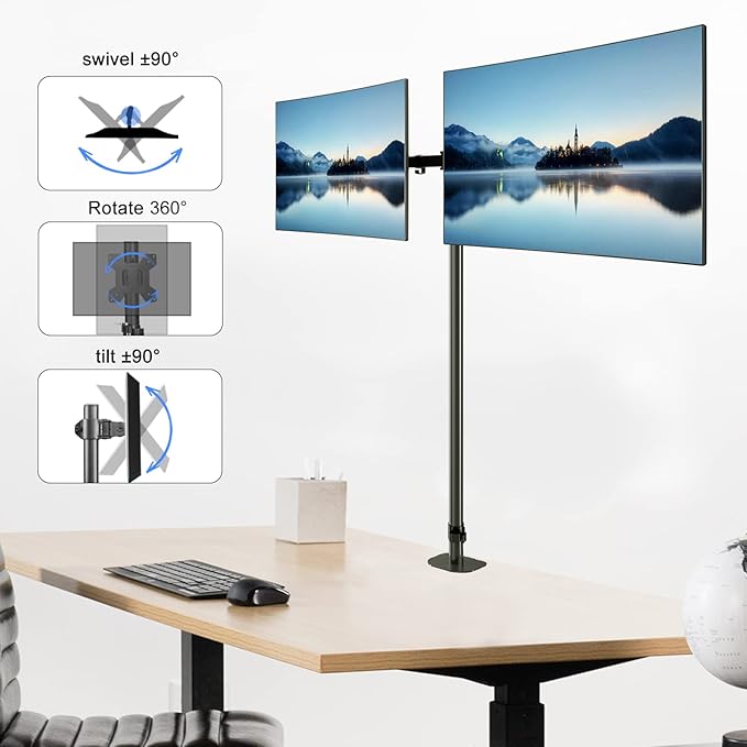 Pholiten Extra Tall Dual Monitor Stand, Dual Monitor Mount, Desk Mount up to 47 inch Pole, 2 Monitor Stand, Computer Monitor Arm, Fully Adjustable Stand for up to 27 inch Screens-DeskLoop Office