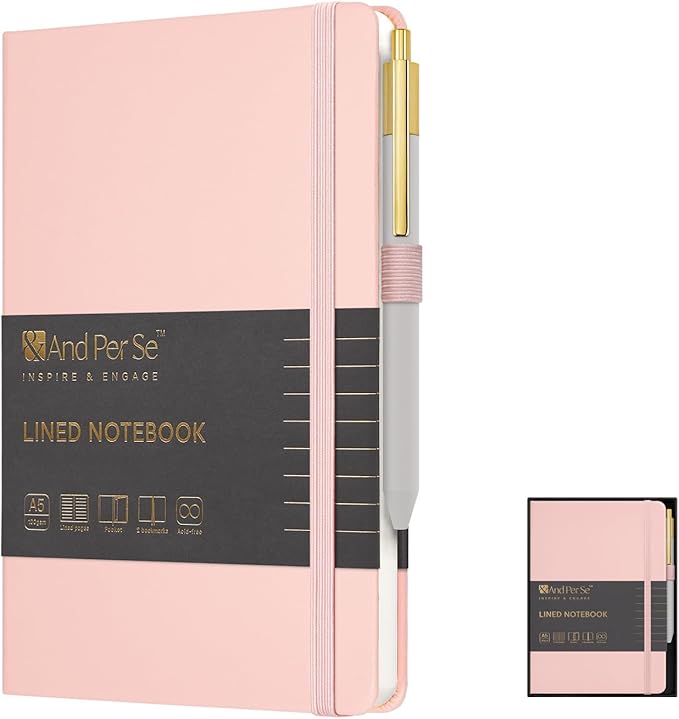 A5 Lined Leather Journal and Pen Set for Women&Men, Gift Box Included, Hardcover Notebook with 160 Pages 100GSM Thick Paper, for Work, Business, School or Home Writing (Pink)-DeskLoop Office